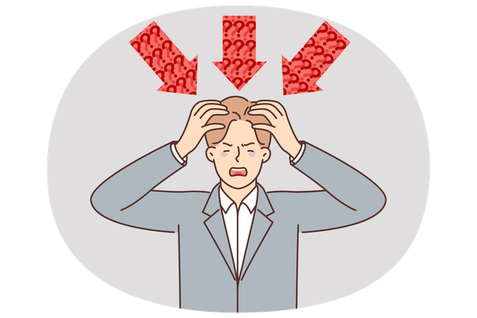 ビジネスマンは赤い矢印の中に立ち、複雑な問題を解決するために助けを求めて叫んでいる。  イラスト