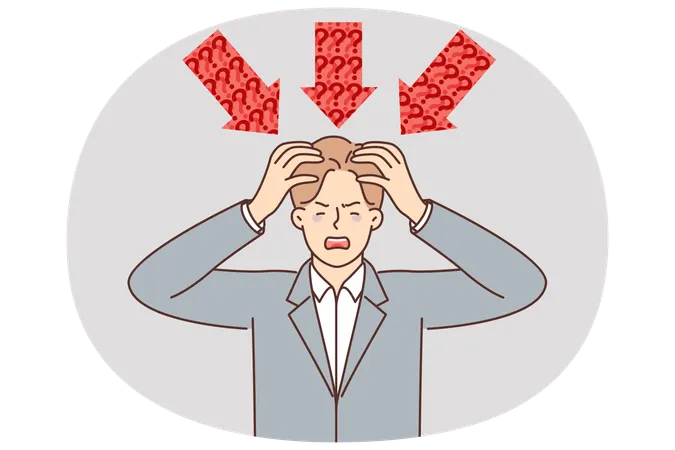 ビジネスマンは赤い矢印の中に立ち、複雑な問題を解決するために助けを求めて叫んでいる。  イラスト