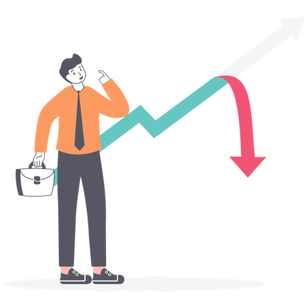 Businessman stands and looks at line graph going down  Ilustración