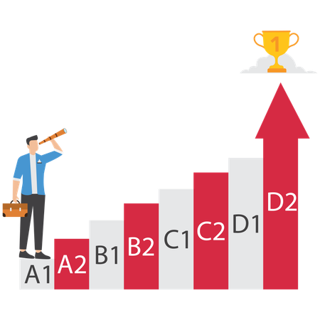 Businessman stands at the lower level A1 and looks through binoculars  Illustration