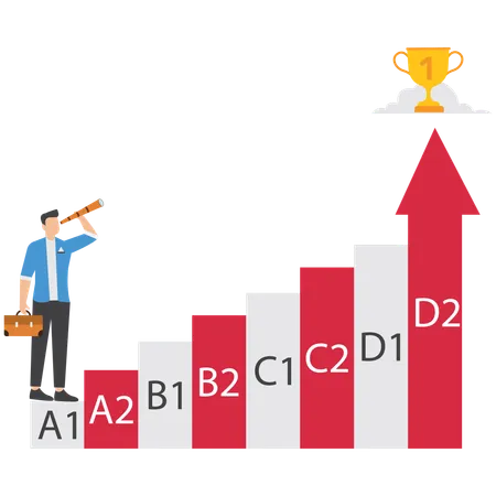 Businessman stands at the lower level A1 and looks through binoculars  Illustration