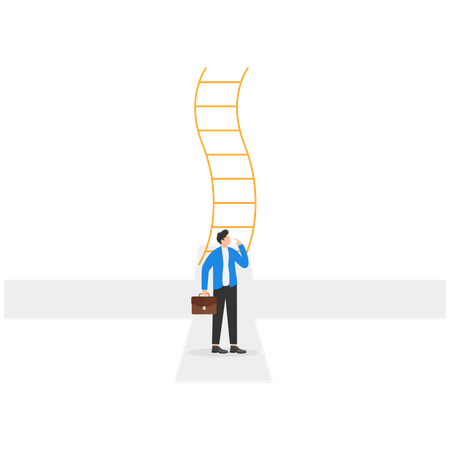 Businessman stands in front of fork and ladder up  Illustration