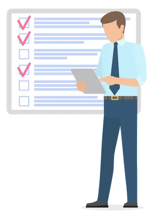 Businessman stands near checklist and planning  Illustration