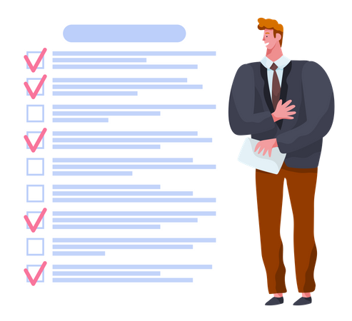 Businessman stands near checklist and planning Illustration