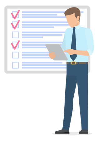 Businessman stands near checklist and planning  Illustration