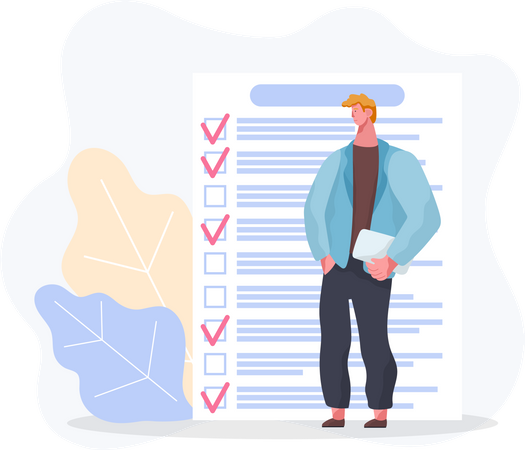 Businessman stands near checklist  Illustration