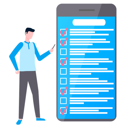 Businessman stands near checklist on smartphone  Illustration