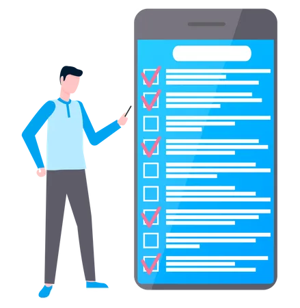 Month Scheduling To Do List Time Management App Man Stands Near To Do Plan On Smartphone Plan Fulfilled Task Completed Timetable On Phone Screen Check List Planning Schedule Concept Illustration