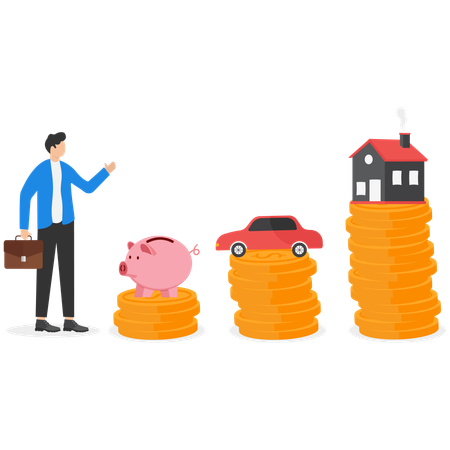 Businessman stands next to columns of coins on which are a car and a house  Illustration