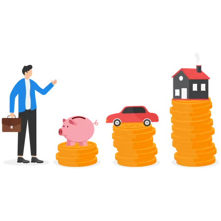 Businessman stands next to columns of coins on which are a car and a house  Illustration