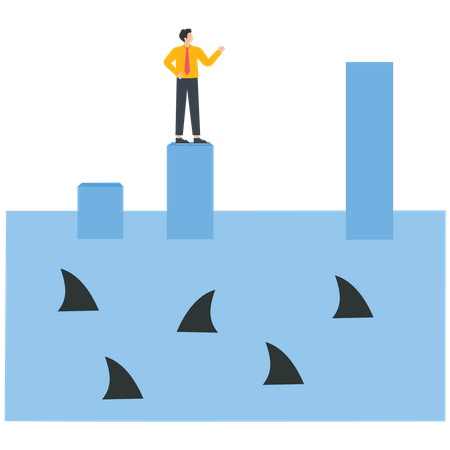 Businessman stands on a bar graph over the sea with a shark  イラスト