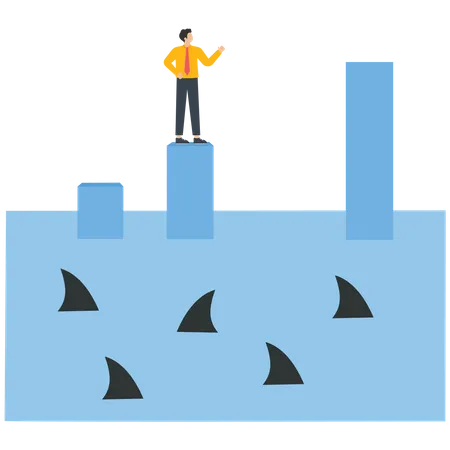 Businessman stands on a bar graph over the sea with a shark  イラスト