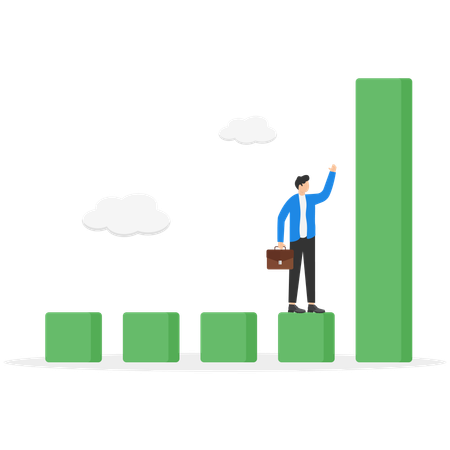 Businessman stands on a chart before a rising column  Illustration