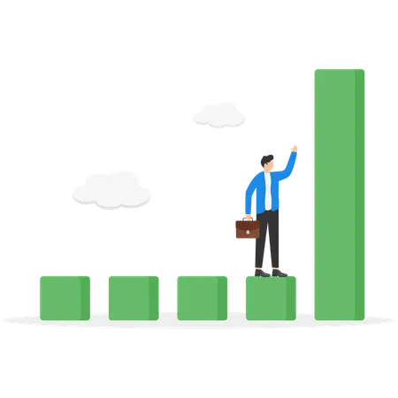 Businessman stands on a chart before a rising column  Illustration