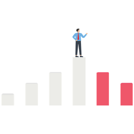 Businessman stands on a top of the bar graph and looks to below bar graph  Illustration