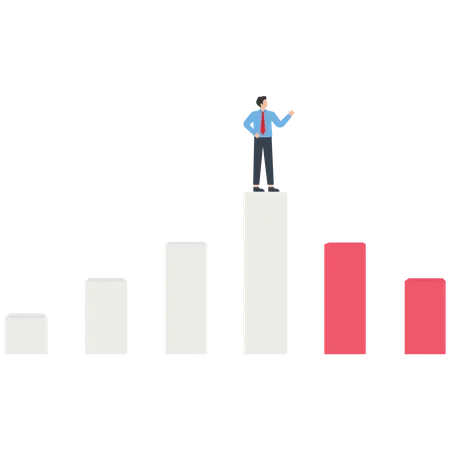 Businessman stands on a top of the bar graph and looks to below bar graph  Illustration