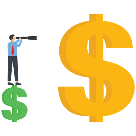 Businessman stands on dollar with telescope looking at bigger dollar  Illustration