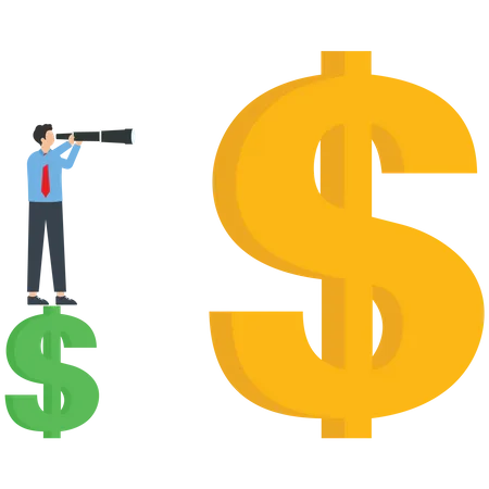 Businessman stands on dollar with telescope looking at bigger dollar  Illustration