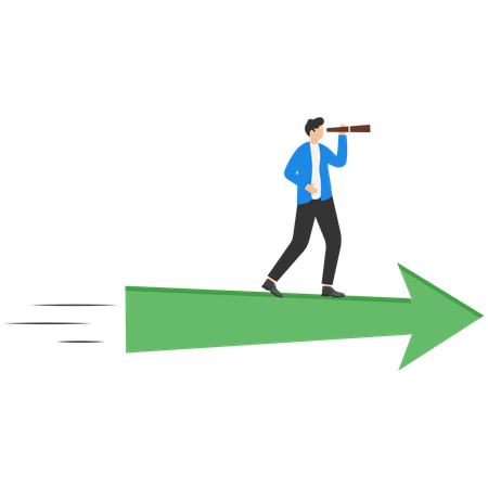 Businessman stands on flying green arrow Searching for opportunities  Illustration