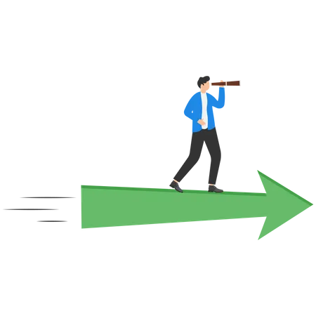 Businessman stands on flying green arrow Searching for opportunities  Illustration