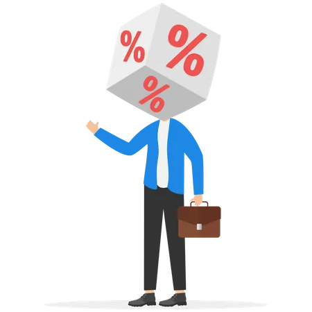 Businessman With Folded Arms Stands With Cube Block With Percentage Symbol Icon Of His Head Interest Financial And Mortgage Rates Vector Illustration 일러스트레이션
