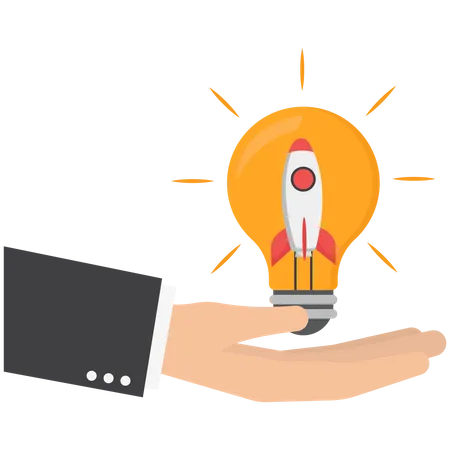 Entrepreneurship Setting Up New Business Motivation To Create New Business Ideas And Make It A Success Concept Businessman Start Up Company Owner Pick The Hand Innovative Rocket Inside Lightbulb Idea Illustration