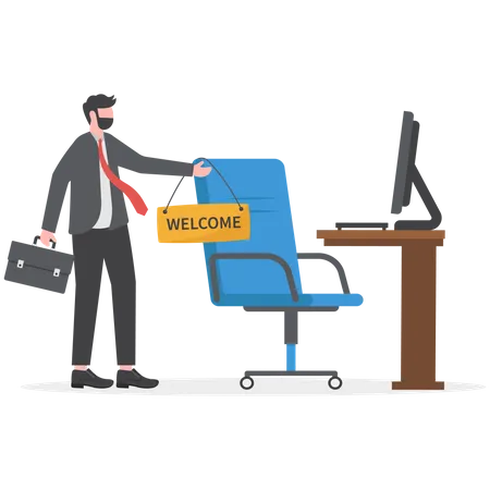 Start New Job Onboarding New Hire Or Begin Career Position Employee Move To New Office Or Opportunity Employment And Recruitment Concept Businessman Starting New Job Walk To Welcome Office Desk Illustration