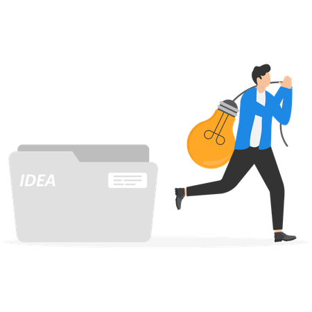 Businessman stealing idea light bulb from private idea folder  Illustration