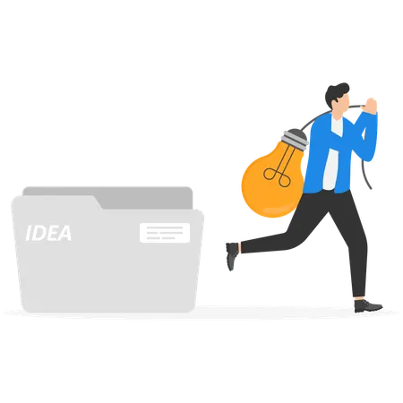 Businessman stealing idea light bulb from private idea folder  Illustration