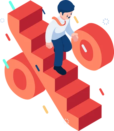 Flat 3 D Isometric Businessman Step Down On Interest Rate Ladder Interest Rate Decrease And Financial Concept Illustration