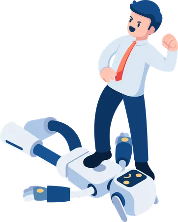Flat 3 D Isometric Businessman Step On Ai Robot AI Artificial Intelligence And Business Competition Concept Illustration