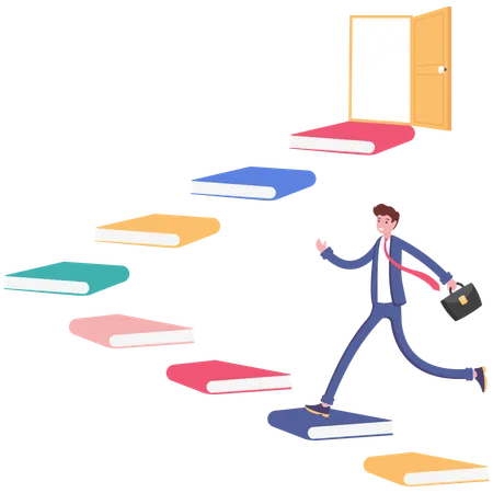 Businessman step on books stairs arrow up  Illustration