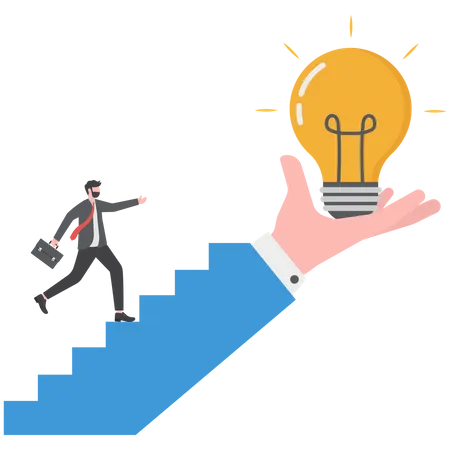Businessman step on stair of big hand holding inspiring bright lightbulb  Illustration