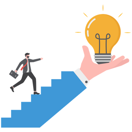 Businessman step on stair of big hand holding inspiring bright lightbulb  Illustration