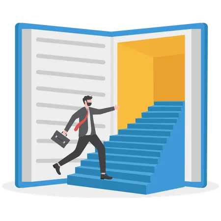 Businessman Stepping Into Open Book Creative Mind And Erudition For Career Development And Professional Growth Illustration