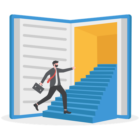 Businessman stepping into open book  Illustration