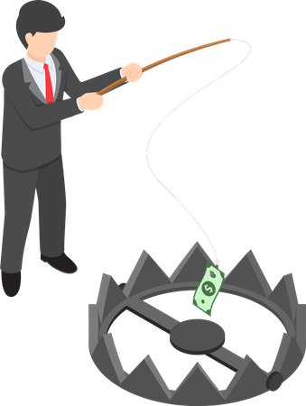 Businessman stole money from bear trap by fishing rod Illustration