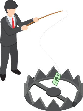 Businessman stole money from bear trap by fishing rod  Illustration