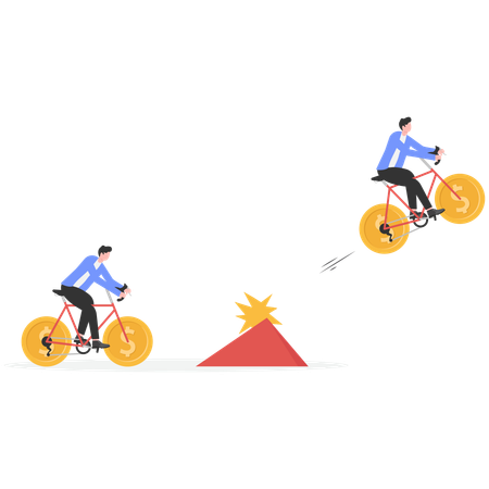 Businessman stood on rolling gold coins and hit obstacles to get faster forward speed and fly to sky  Illustration