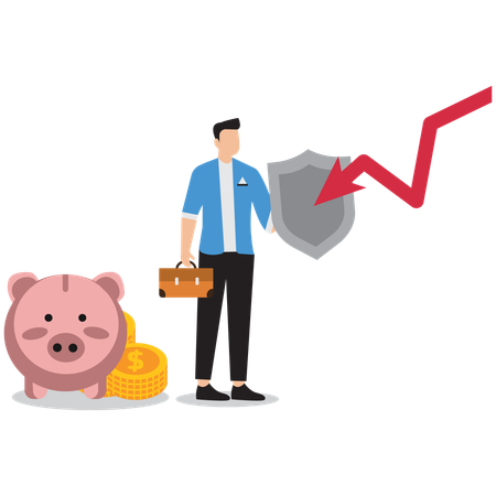 Businessman stop arrow and protect piggy bank  Illustration