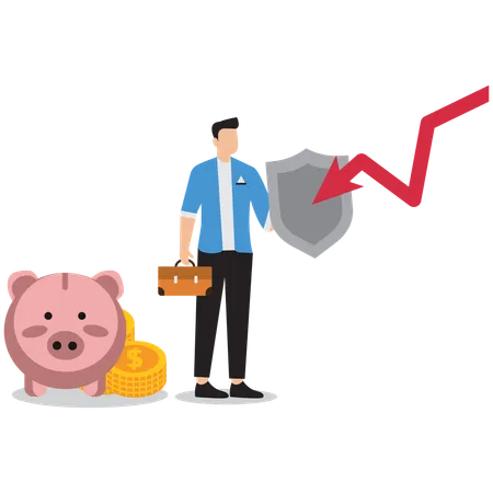 Businessman stop arrow and protect piggy bank  Illustration