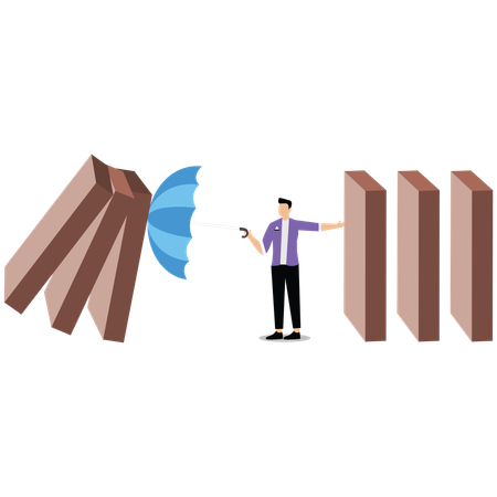 Businessman stop domino collapsing despair  Illustration