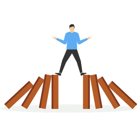 Businessman stop two ways domino effect  Illustration