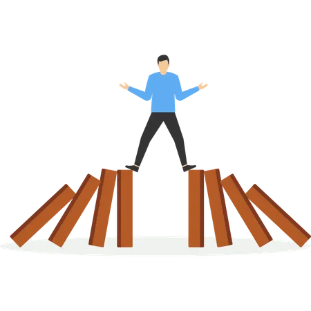 Businessman Stop Two Ways Domino Effect Vector Illustration In Flat Style Illustration