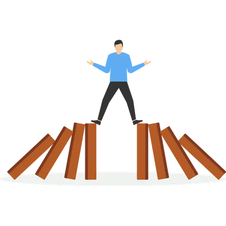 Businessman stop two ways domino effect  Illustration