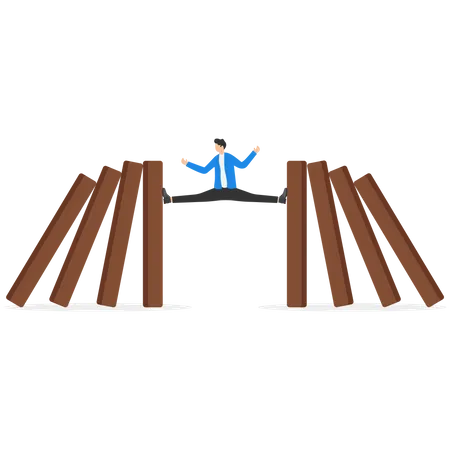 Businessman Stopping Falling Dominos Illustration Risk And Crisis Management Concept Illustration