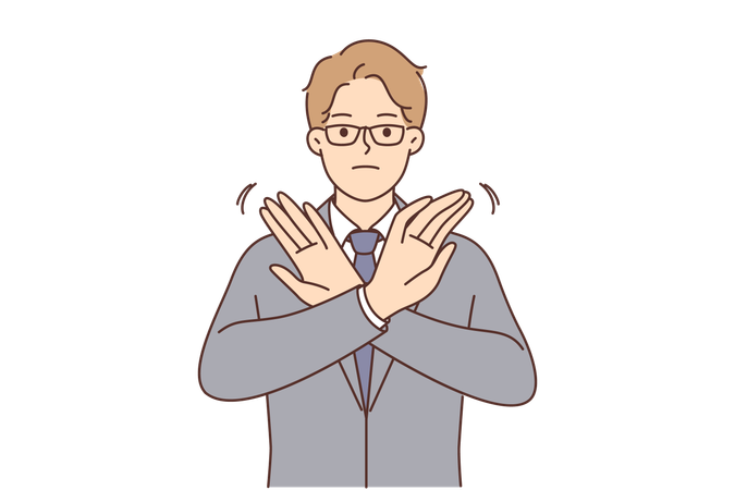 Businessman stops deal by demonstrating forbidding gesture  Illustration