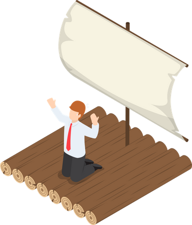 Businessman stranded on wooden raft  Illustration