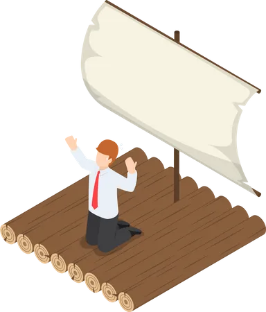 Businessman stranded on wooden raft  Illustration