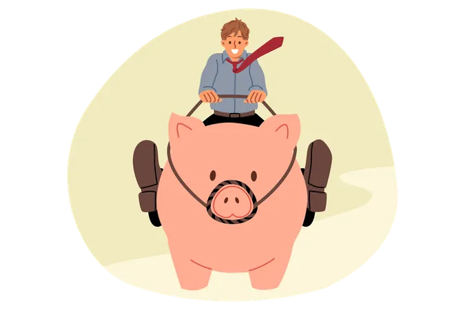 Businessman strives to make money on investments or increase income sitting astride piggy bank  Illustration